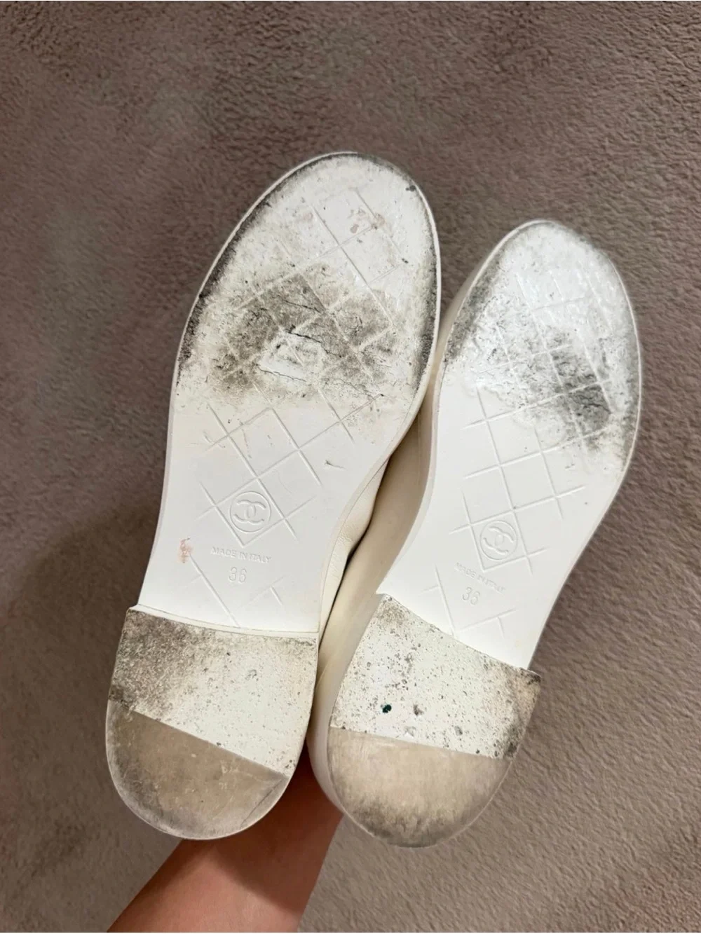 CHANEL White Quilted Leather Loafers with Silver CC Emblem